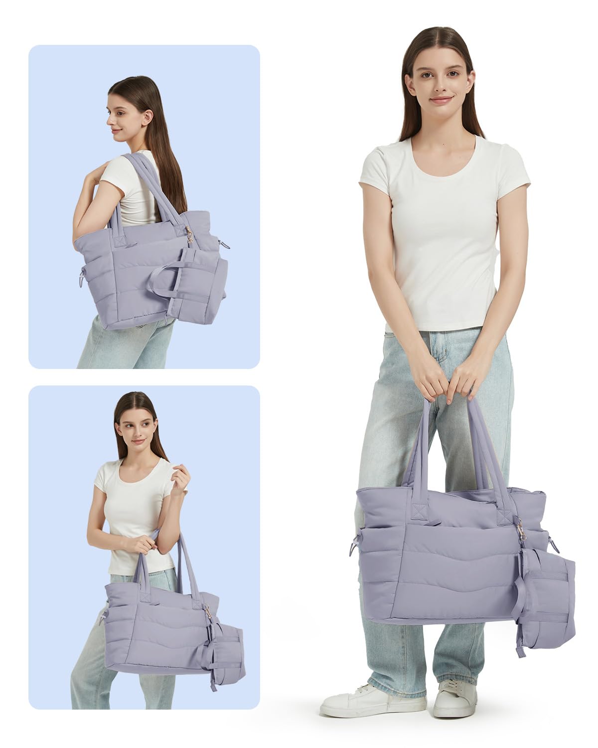 Sac Fourre-tout Puffer 2 Pièces pour Femme, Sac Cabas avec Poche Isotherme pour Bouteille 40oz et Compartiment Laptop 15,6", Idéal pour le Travail, l'Université, les Voyages (Brevet en Cours)