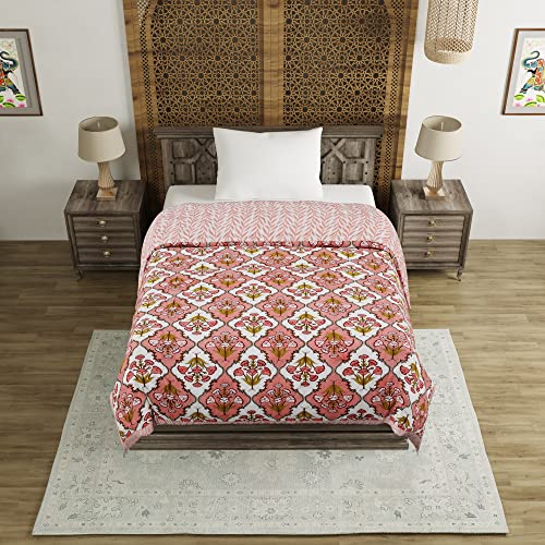 Image of BLOCKS OF INDIA Cotton Single Size Quilt Hand Block Print for Light Winters (60X90 Inches, Peach Flower), Lightweight, 300 TC