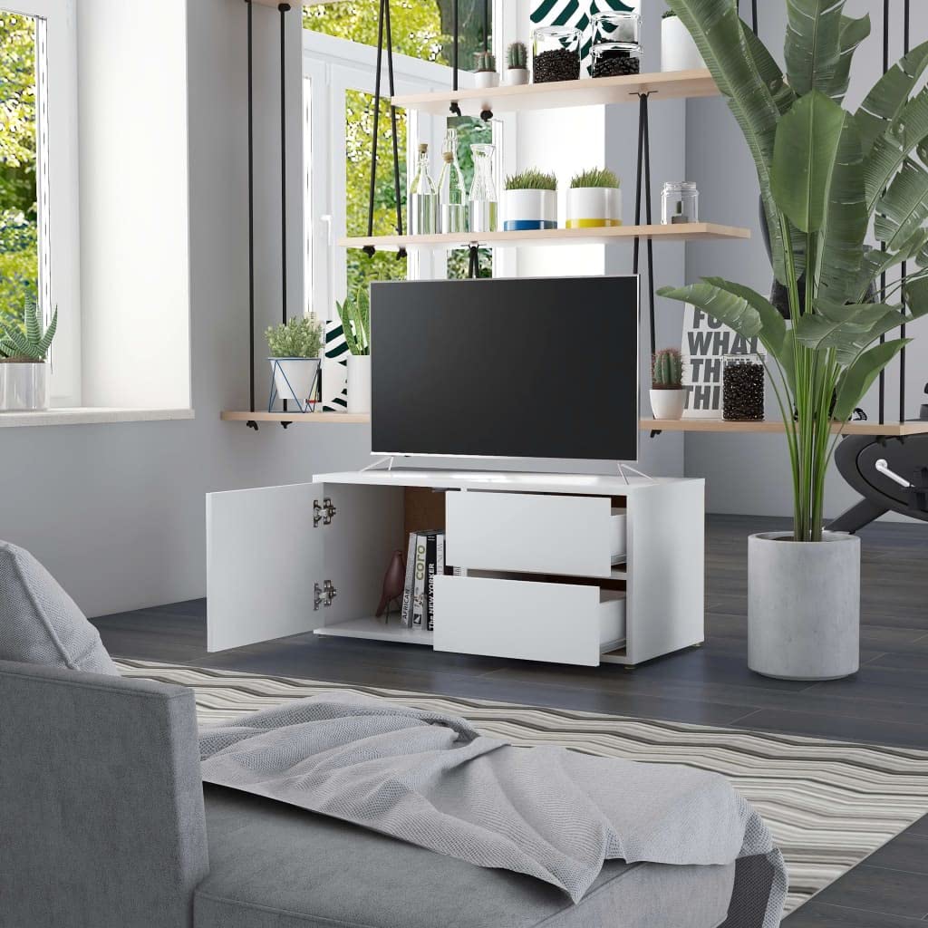 TV-Unterbau TV-Schrank Weiß 80x34x36 cm mit 2 Schubladen und 1 Fach mit Tür aus Holzwerkstoff, robuster TV-Seitentisch für Aufbewahrung von Zeitschriften und DVDs, einfach