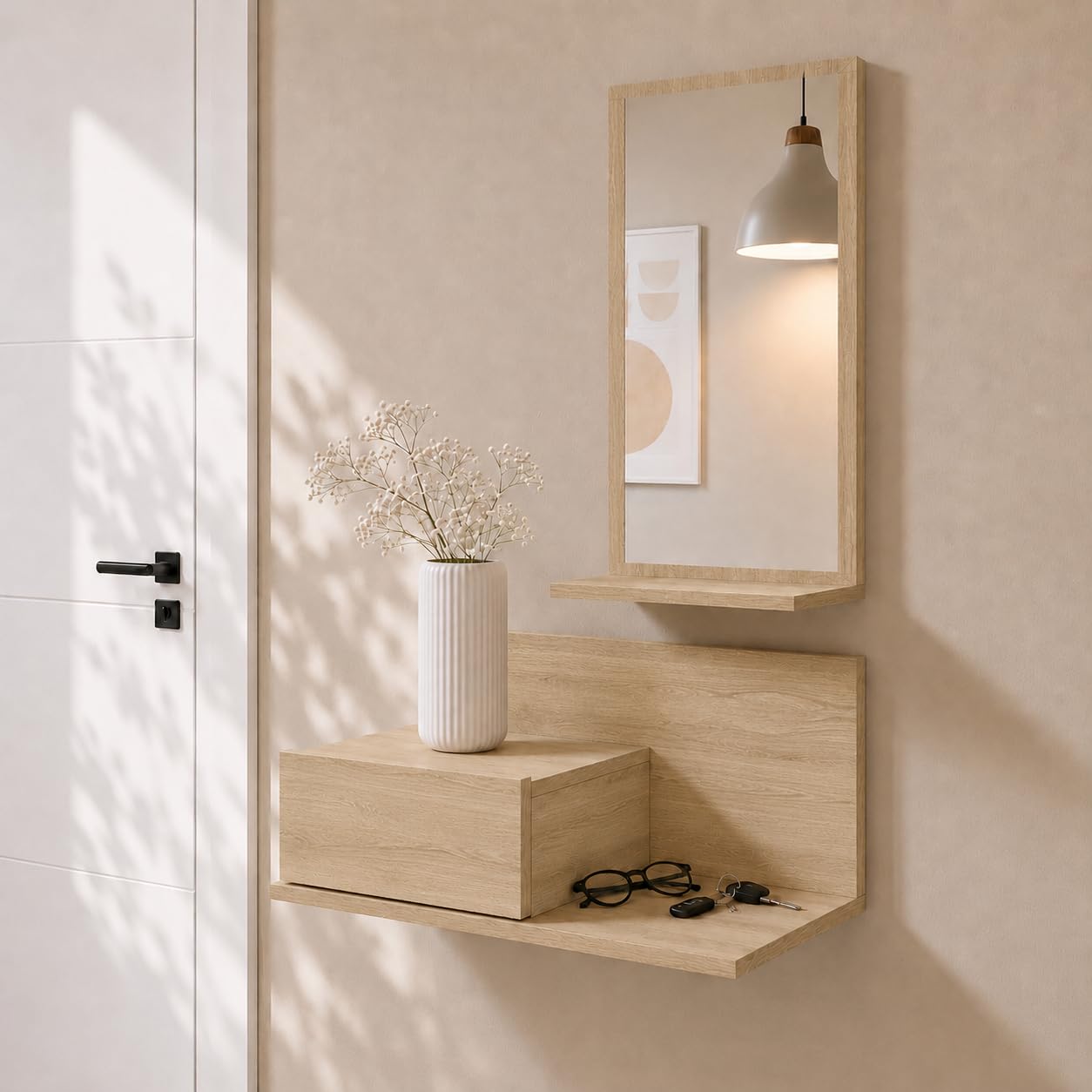MB Muebles Bonitos | Recibidor Colgante Isabela | Color Sonoma | Mueble recibidor suspendido con cajón, repisa y espejo vertical. Conjunto de entrada flotante para pasillo o entrada.