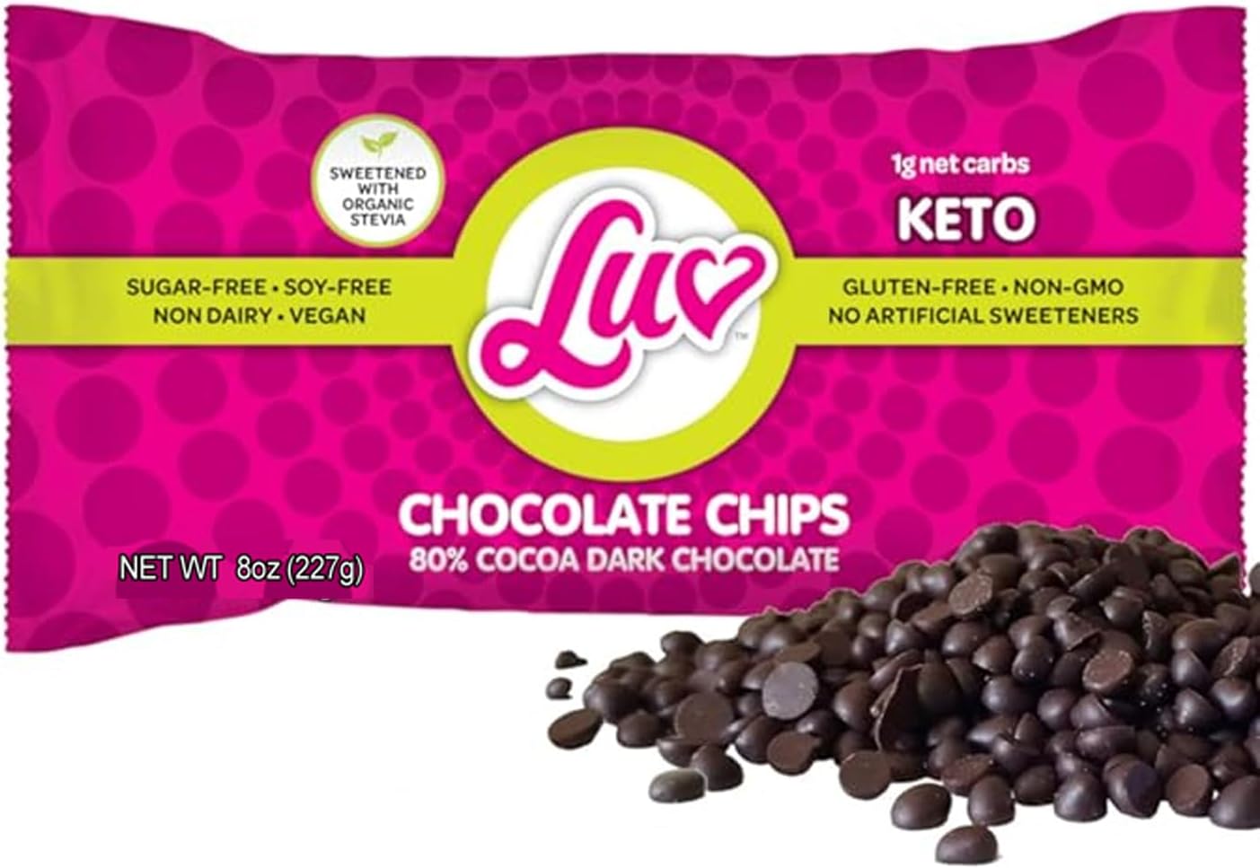 Keto Sugar Free Chocolate Chips - Stevia Sweetened, 1g Net Carb, 80% Cocoa - Gluten & Dairy Free Vegan Non-GMO Low Carb Paleo Friendly Dark Mini Chocolate Chips For Baking 8 oz (1 Pack)