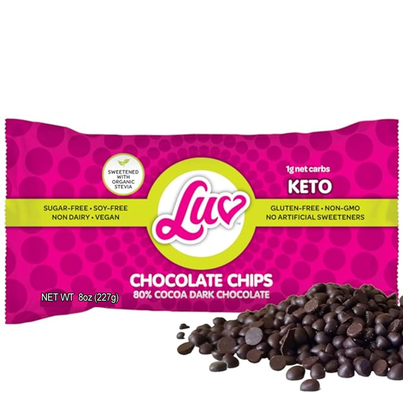 Keto Sugar Free Chocolate Chips - Stevia Sweetened, 1g Net Carb, 80% Cocoa - Gluten & Dairy Free Vegan Non-GMO Low Carb Paleo Friendly Dark Mini Chocolate Chips For Baking 8 oz (1 Pack)