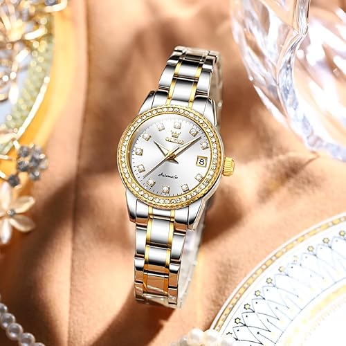 Miniatura 4 de OLEVS - Reloj automático para mujer de oro, lujo con diamante, de cuerda automática, relojes de pulsera para damas impermeables, luminosos, con fecha