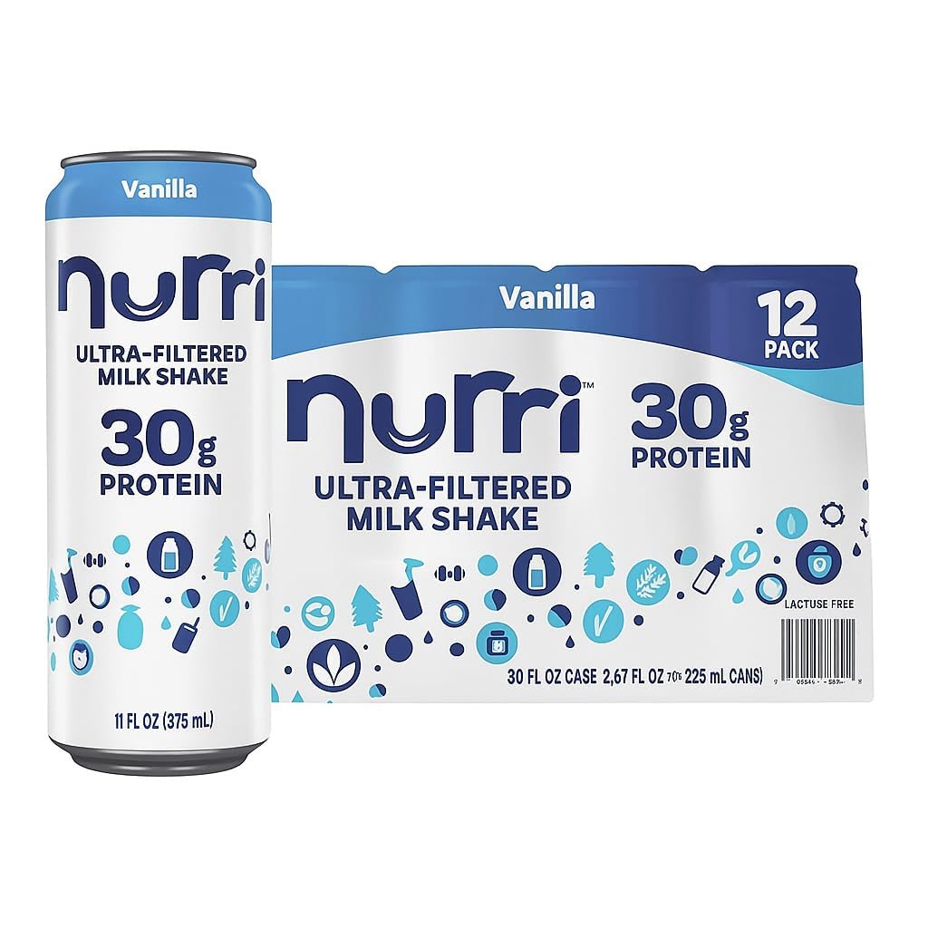 Nurri vanilla 12-Pack Ulta Filtered Milk Shake, 30g Protein, 1g Sugar, 150 Calories, 10 Vitamins, Grade A Lactose Free (12 Pack, Vanilla) SHIPPING BOX