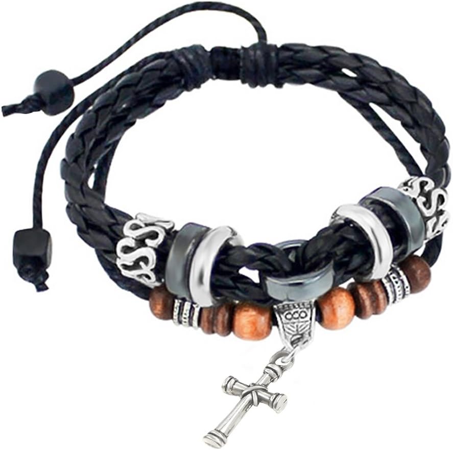 Bracelet Multicouche Cuir Tressé Avec Croix - Bracelet Poignet Ajustable Homme Femme