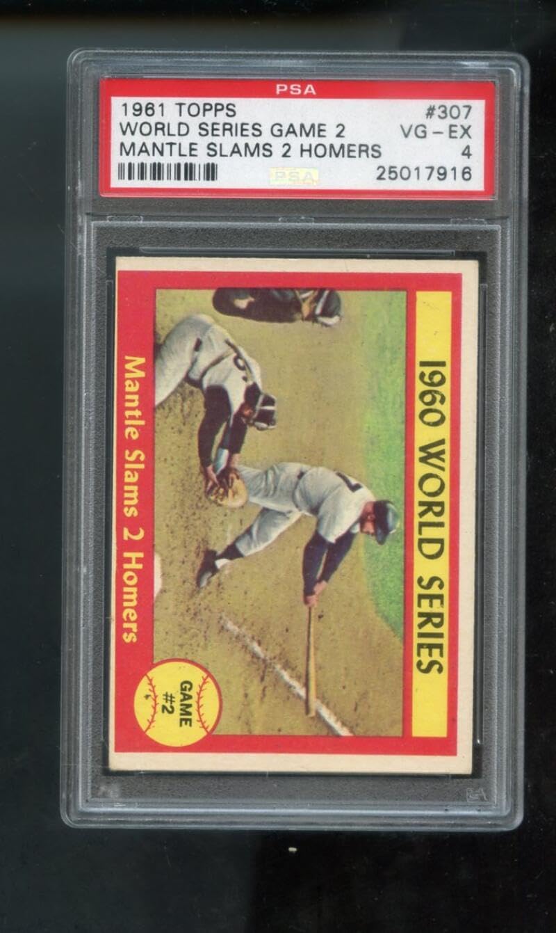1961 Topps #307 Mickey Mantle Slams 2 Homers World Series Game 2 New York Yankees MLB PSA 4 Graded Baseball Card