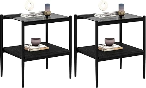 Miniatura 4 de Juego de mesa auxiliar y mesa auxiliar de 3 piezas, marco de metal negro, mesa auxiliar superior de cristal, estante superior cuadrado, mesas