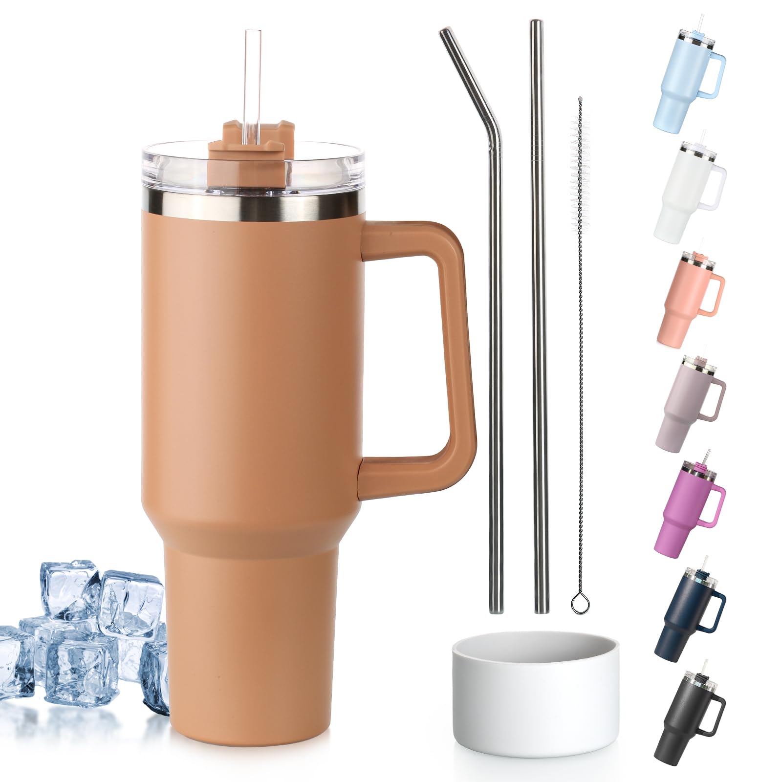 Tuocal 40oz Tumbler with Straw Lid and Handle + 2 Stainless Steel Straws + Silicone Boot