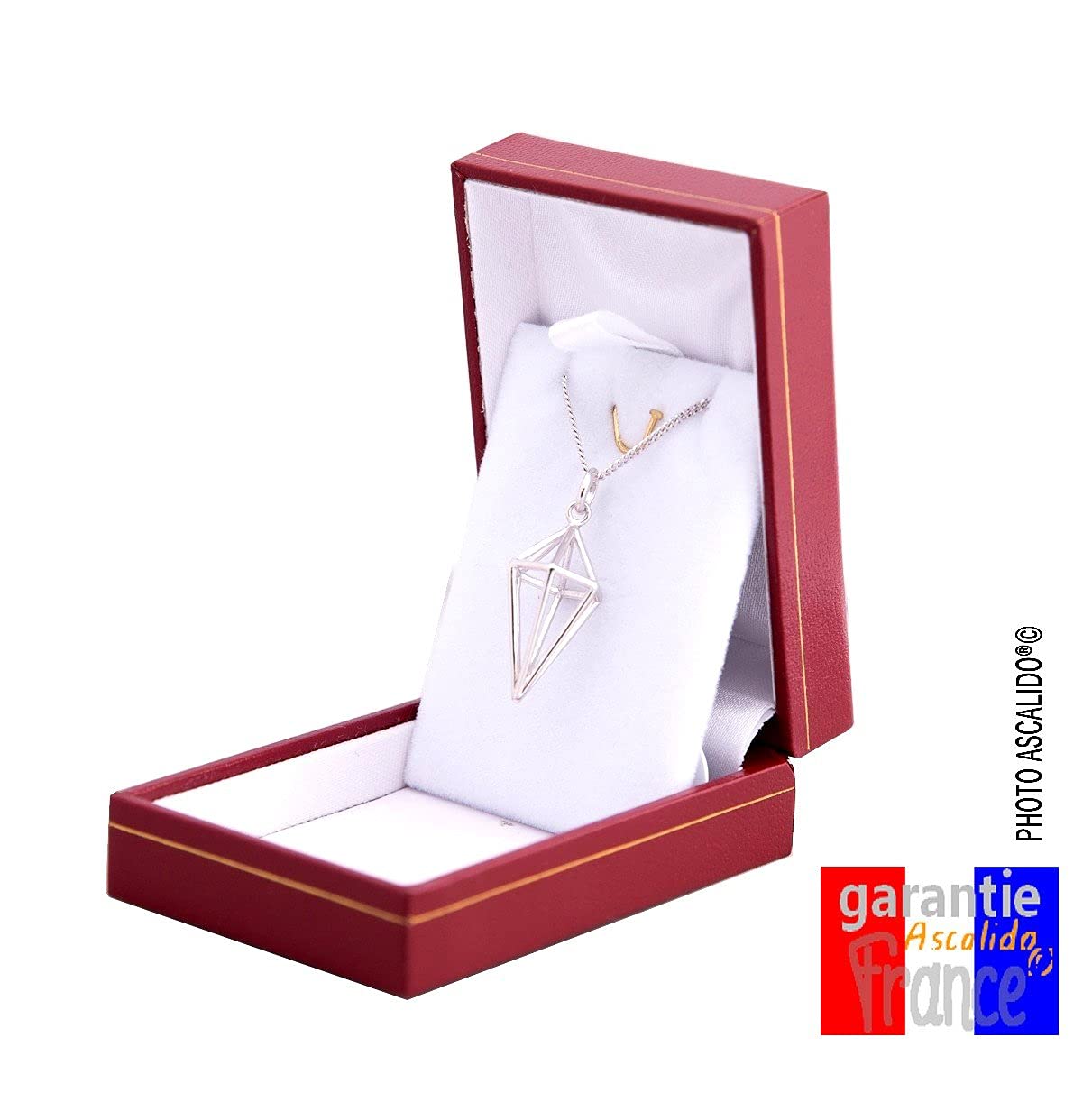 collier 45cm - pendule diamant - chaine et pendentif pyramide en argent massif 925 avec boite - idée cadeau femme