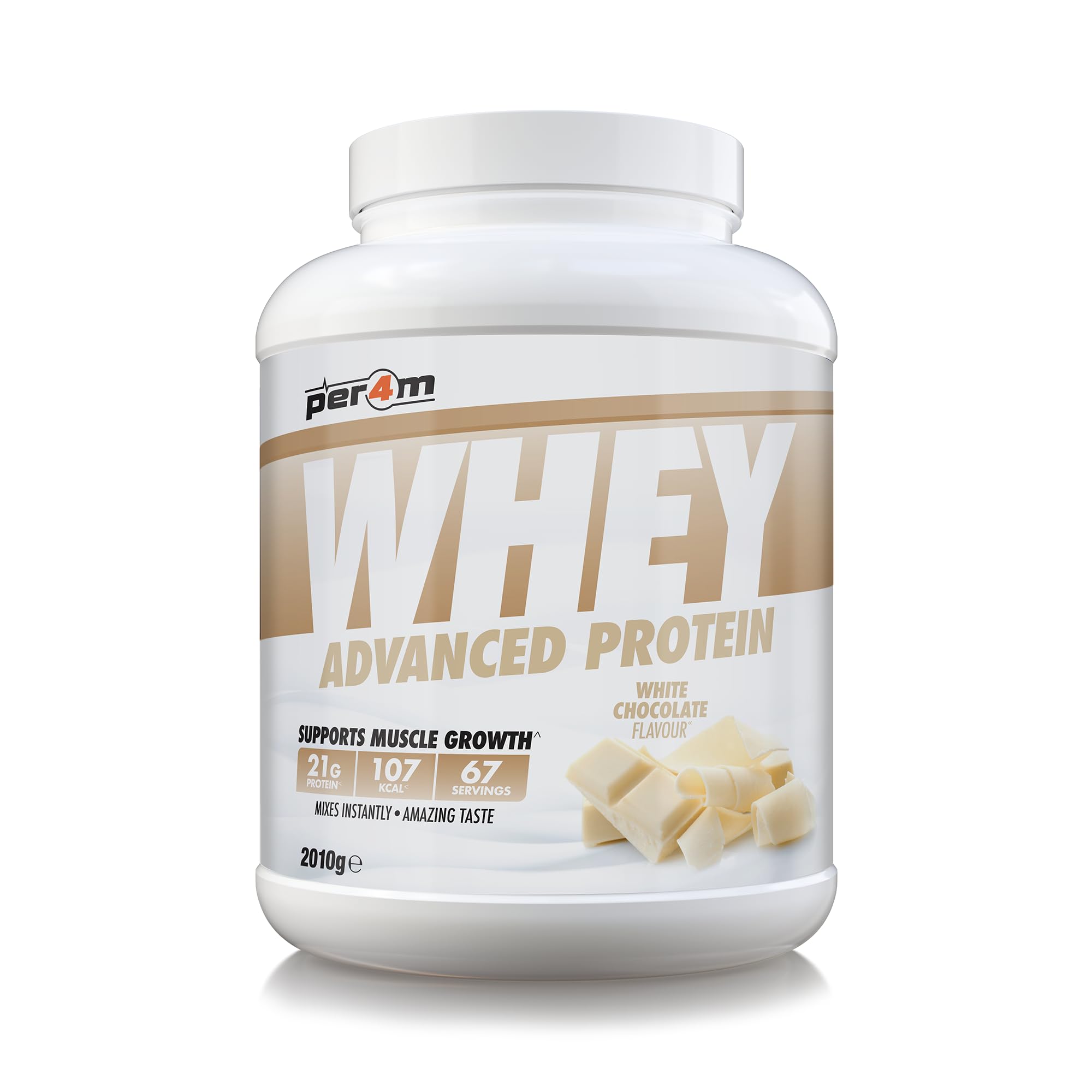 Per4m Whey Protein Powder | High Protein Shake for Muscle Growth & Recovery | Low Sugar Gym Supplement | Sports Nutrition Drink + Amino Acids (2010g, White Chocolate)