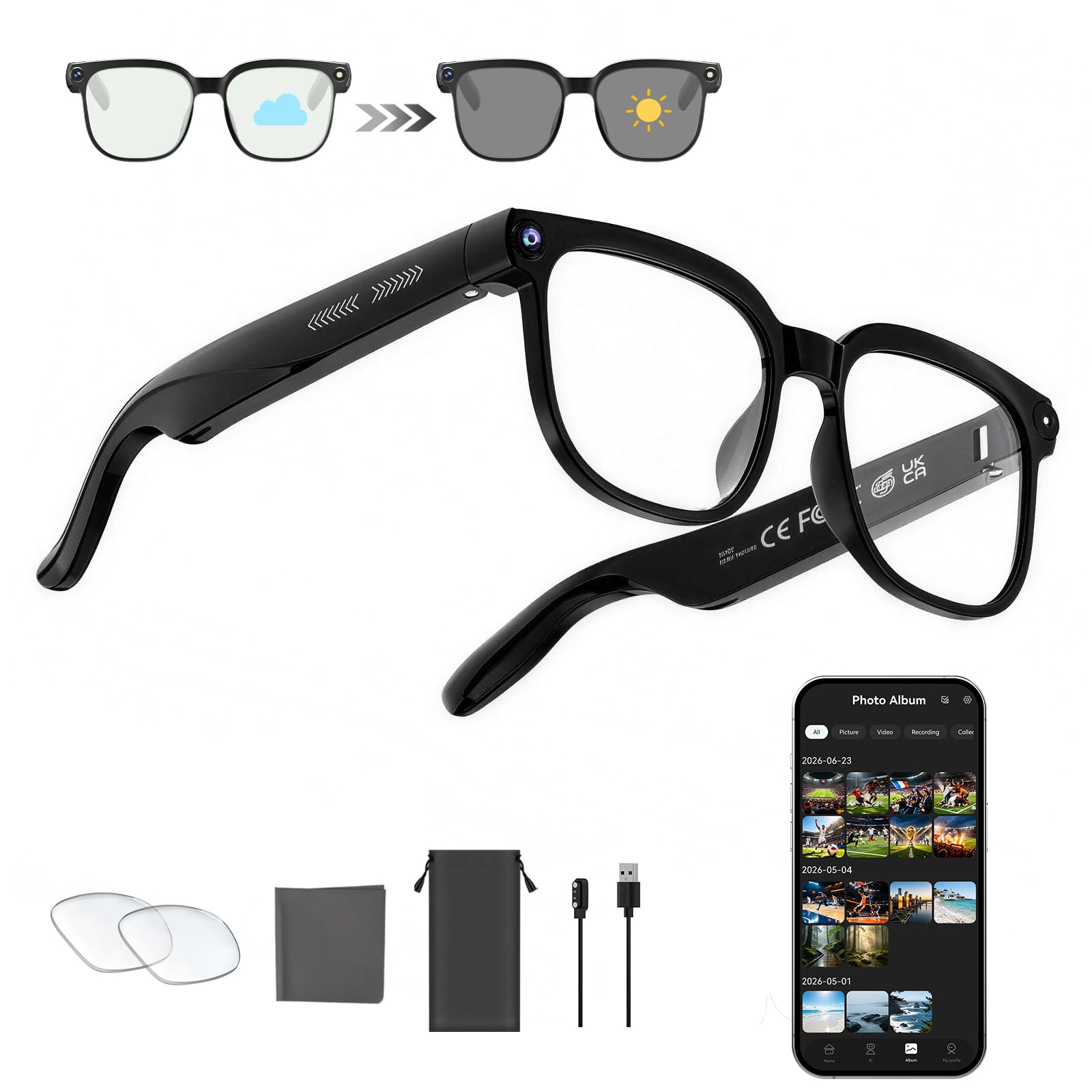 AI Smart Glasses with Camera,8MP Camera Glasses,4K HD Video Recording Glasses with AI Assistant,IP65 Waterproof Bluetooth,Replaceable Sunglasses with Photochromic Lens,Real-Time Translation-image-32
