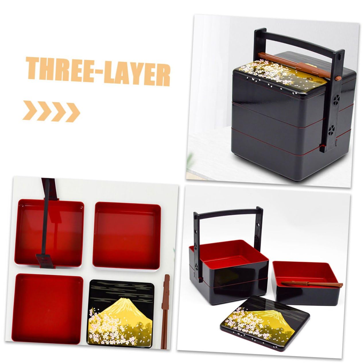 Boîte à Lunch Bento Japonaise Noire Réutilisable en Abs Design à Trois Couches, Pratique et Étanche, pour Repas en Plein Air à Emporter