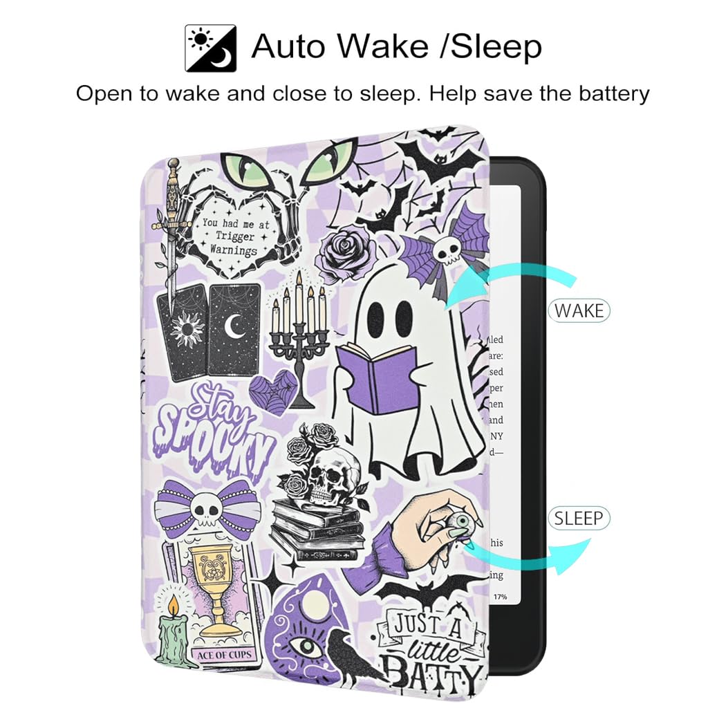 Funda para Kindle de 6 pulgadas (11ª generación 2024/2022), funda protectora de piel sintética ligera plegable de TPU con encendido y apagado automático, correa de mano, morado espeluznante