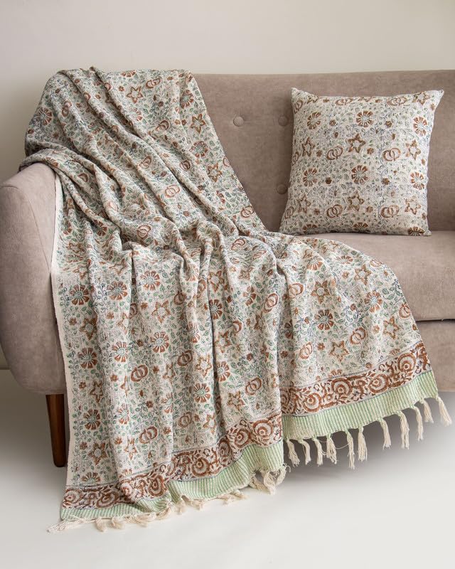 Image of Boho Floral Heritage Print Sofa Throw (50x70 Inches) with 2 Pcs Cushion Cover(16x16 Inch) Soft Lightweight Thrower for Couch, Living Room & Bed (Pack of 3)