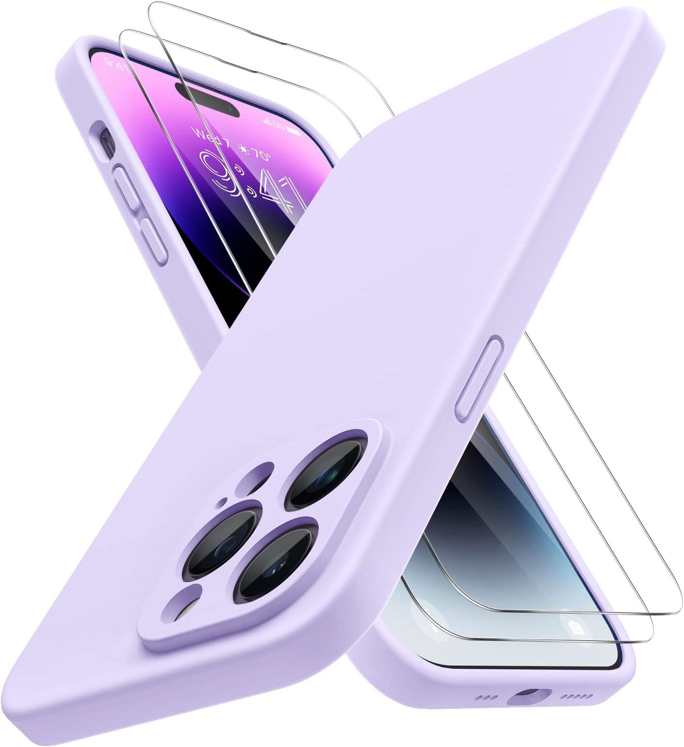 Miracase Designed for iPhone 14 Pro Case with Screen Protector, [Upgraded Camera Protection], Shockproof Liquid Silicone Rubber Phone Case Cover for 14 Pro 6.1 inch (Light Purple)