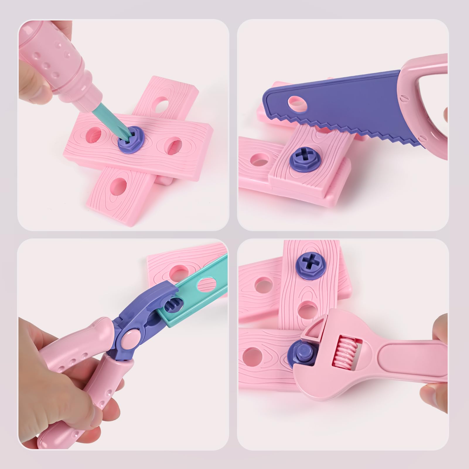 Vanplay Kids Tool Set 52Pcs Pretend Play Tools Kit with Electronic Toy Dril Belt Tool Box Toys for Boys Girls Ages 3 4 5 6 7 Years Old for Kids (Pink) - Image 4