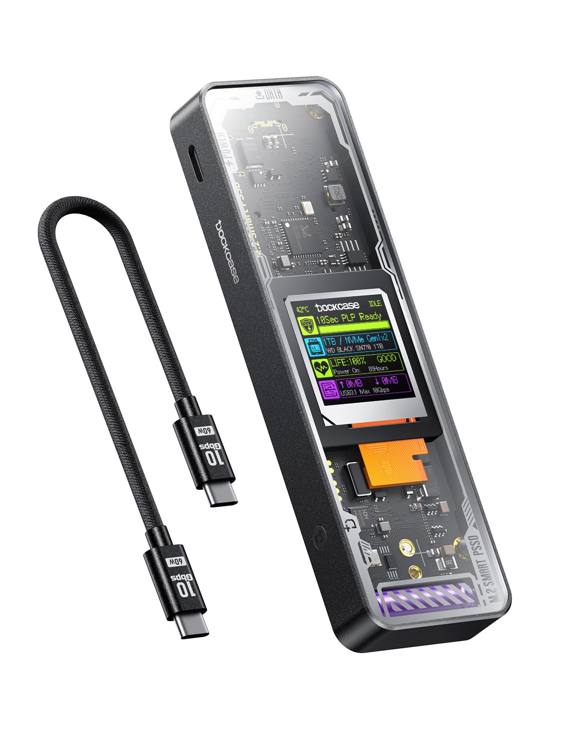 DOCKCASE Explorer Edition Smart SSD Enclosure -10s Power Loss Protection, NVMe M.2 Enclosure Real-time SSD Health Detection, Dual Type-C Ports USB-C 3.2 (10Gbps) Supports NVMe Up to 4TB Black