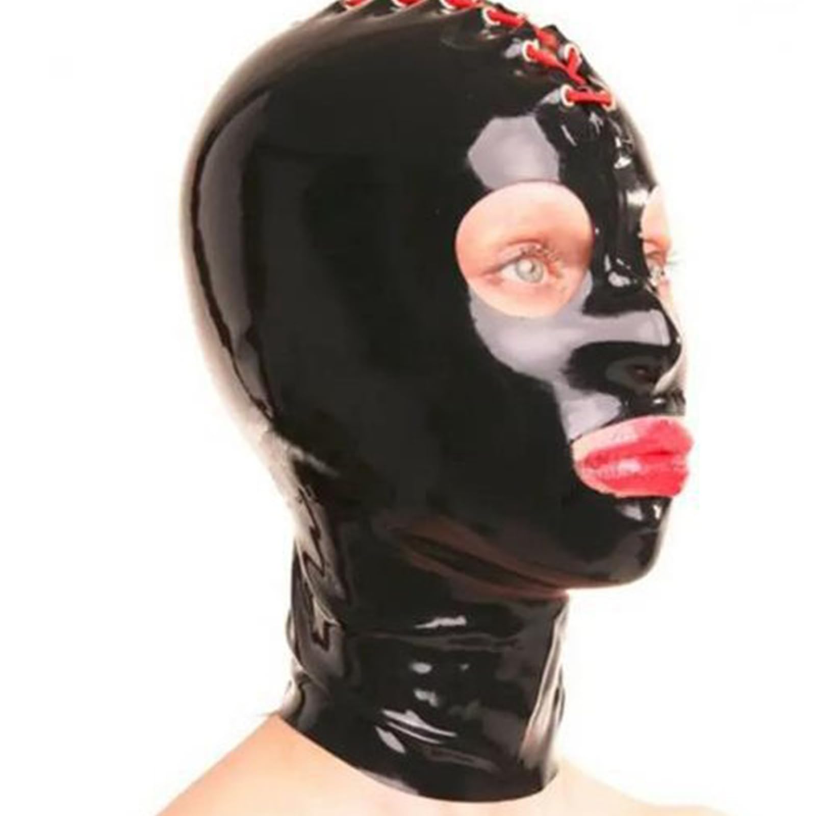 Capucha BDSM de látex para fiesta y ropa de club unisex con ojos abiertos