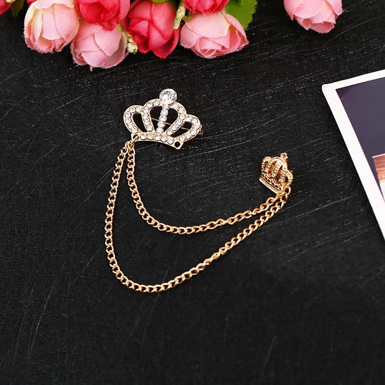 Image of coadipress Crown With Hanging Chain Brooch for Women Men Elegant Gentlemen Gold Silver Crystal Crown Lapel Pin Vintage Rhinestone Wedding Brooch Suit Shirt Pin Accessories