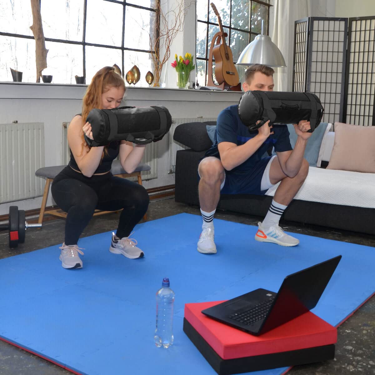 EYEPOWER 20kg Power Bag + 4 Pesi Kettlebell con Sabbia di Ferro - 6 Maniglie Fitness Sandbag per Allenamento Forza - 20x60 Borsa del Peso - Sand Bag per Sport in Casa - Attrezzi Palestra Box Squat