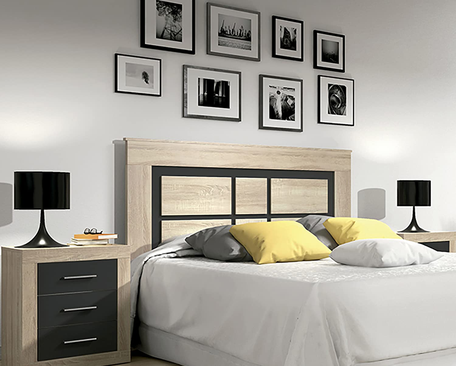 PEGANE Ensemble de tête de lit + 2 chevets Coloris chêne Cambrian, Graphite
