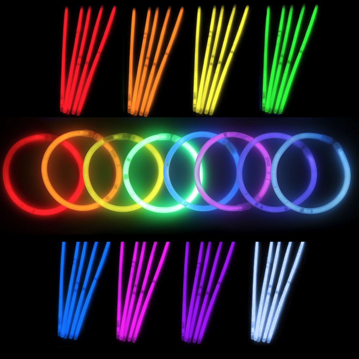 Knicklichter Set 900 Stück – Leuchtstäbe inkl. Verbinder zu Armreifen in 8 Farben | Bis zu 7h Leuchtdauer | Partylichter für Festival, Camping, Kindergeburtstag, Disco, Bar, Club, Notfallbeleuchtung