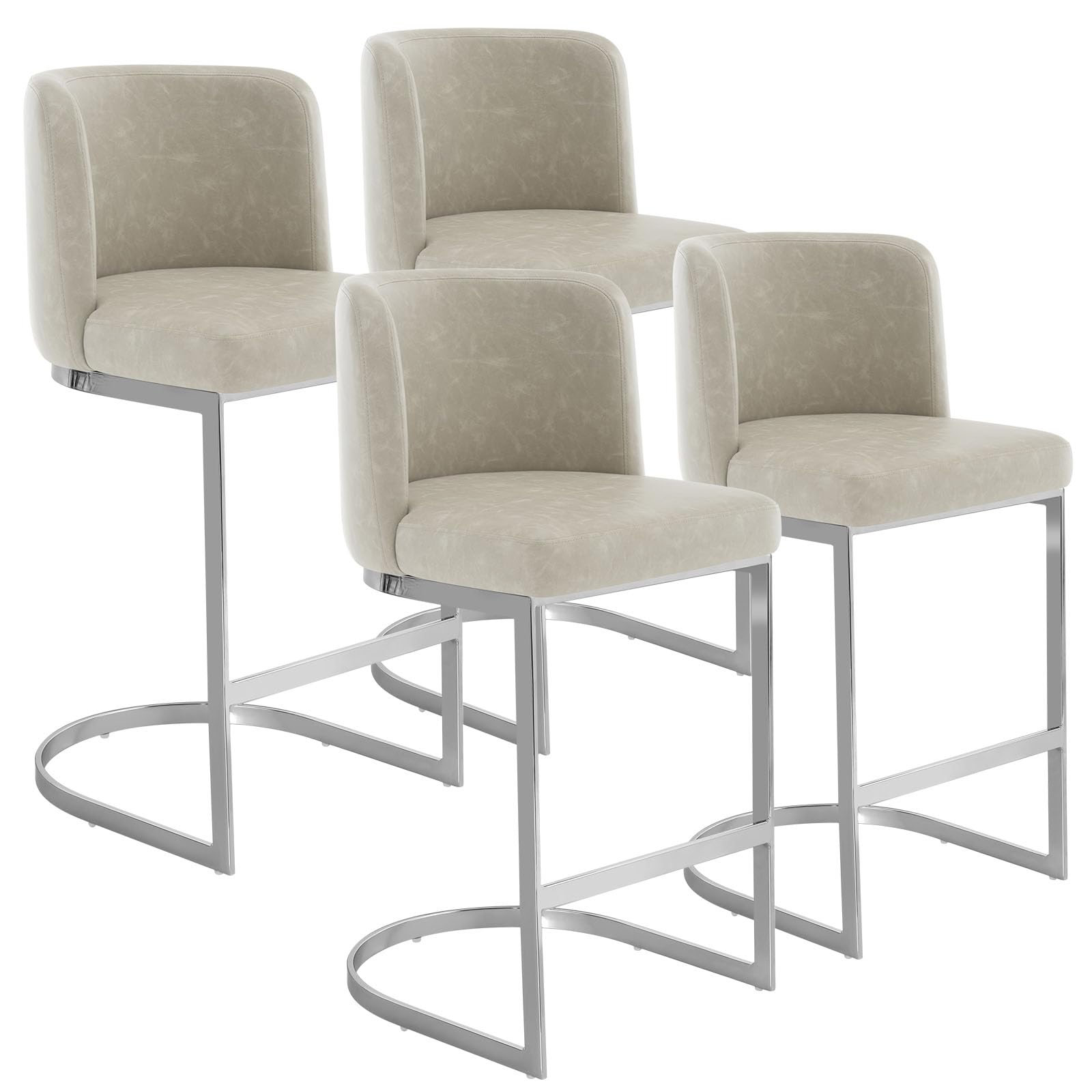 Bekrvio Counter Height Bar Stools Set of 4, Modern 26" Counter Stools with Back and C-Shaped Metal Frame, Upholstered Faux Leather Bar Chairs Island Stools for Kitchen Counter, Home Bar, Pub, Griege