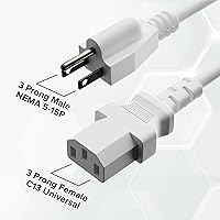 Vista 7 de Cable de alimentación de CA de 3 pies, color blanco, de 3 clavijas, para computadora, médico, servidor y escritorio, cable de alimentación de tres