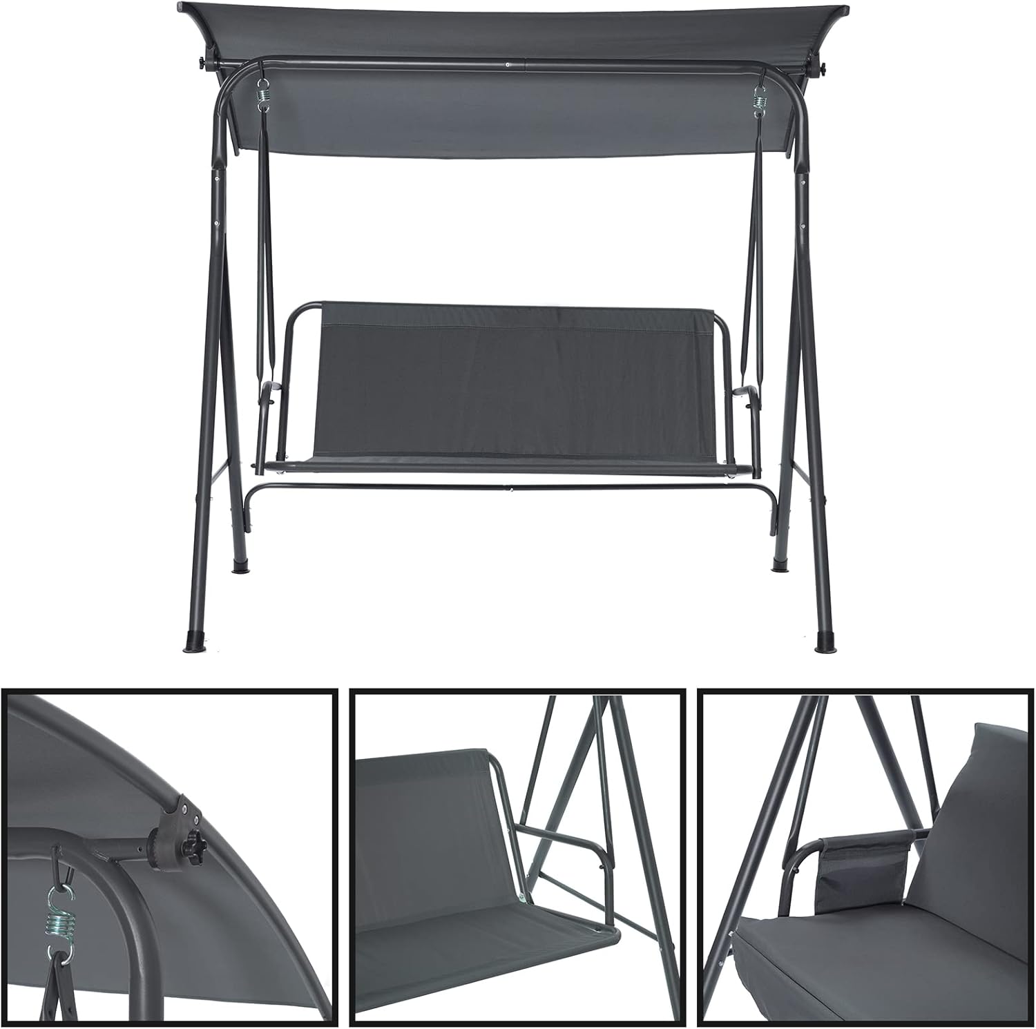3 Seat Outdoor Swing Chair, Patio Canopy Swing, Adjustable Canopy and Removable Cushions, Coated Steel & Polyester Gray Porch Swing, 440lbs Weight Capacity for Backyard Garden Poolside Balcony