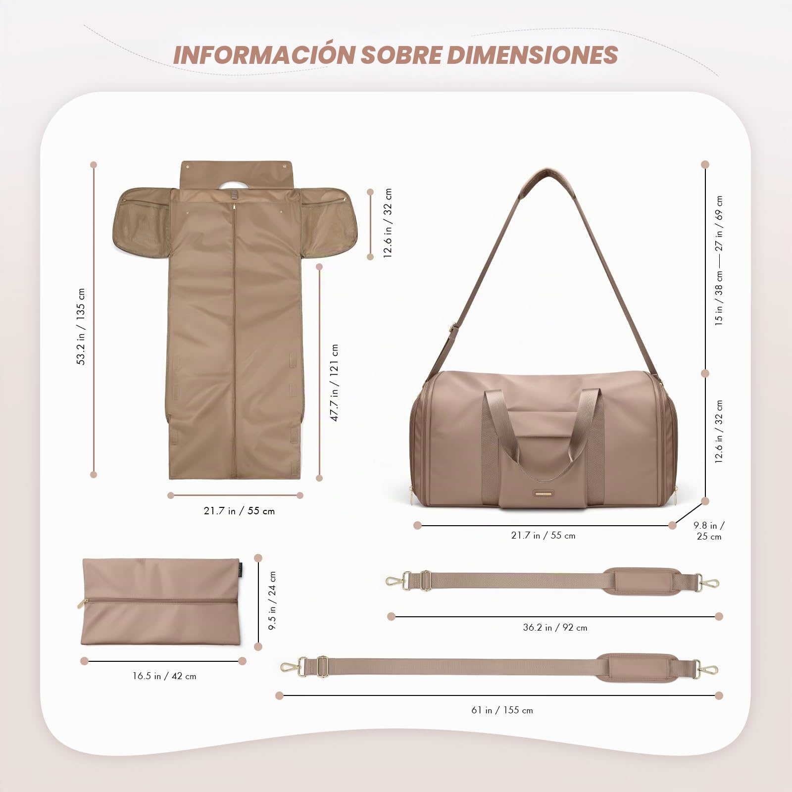 Bolsa de Viaje Convertible 2 en 1, con Compartimento Separado para Zapatos, Impermeable, Bolsa de Ropa Fin de Semana Bolsa de Traje Colgante para Hombres y Mujeres,48L, Marrón champán
