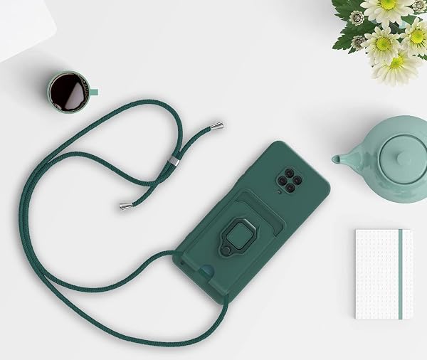 Cover con Collana Compatibile con Xiaomi Redmi Note 9S/Note 9 Pro/Note 9 Pro Max, Cover con Pratico Cordino, Slidable Protezione Fotocamera Slot Carte 360° Anello Supporto, Verde Scuro - 5