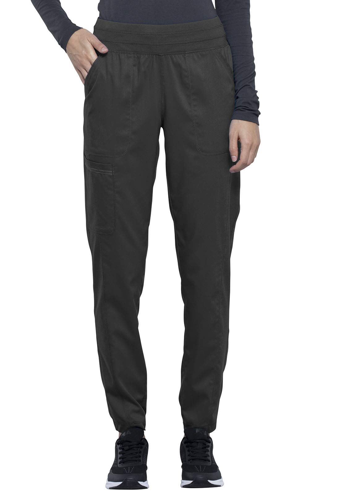 Cherokee Women's Scrub Set Snap Front V-Neck Top WW622 Natural Rise Scrub Jogger Pants WW011 With 9 Pockets, Pewter- Medium Top/Medium Pant