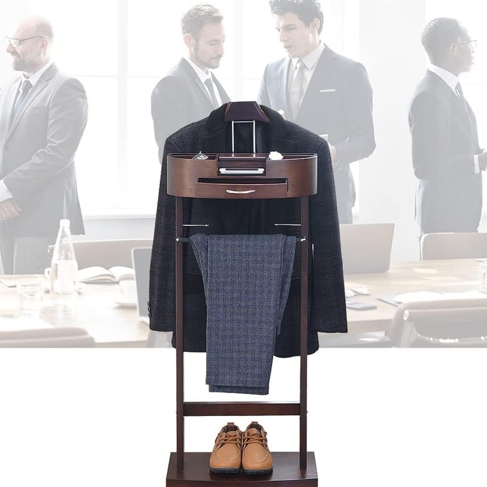 Coat Rack Solid Wood Coat Rack Floor Standing Coat Rack Freestanding Contour Coat Rack With Drawer Rack, Clothes Hanger Organizer Stand, Coat Rack, Suit Rack With Trouser,Brown,106.6*34.2*43.1cm