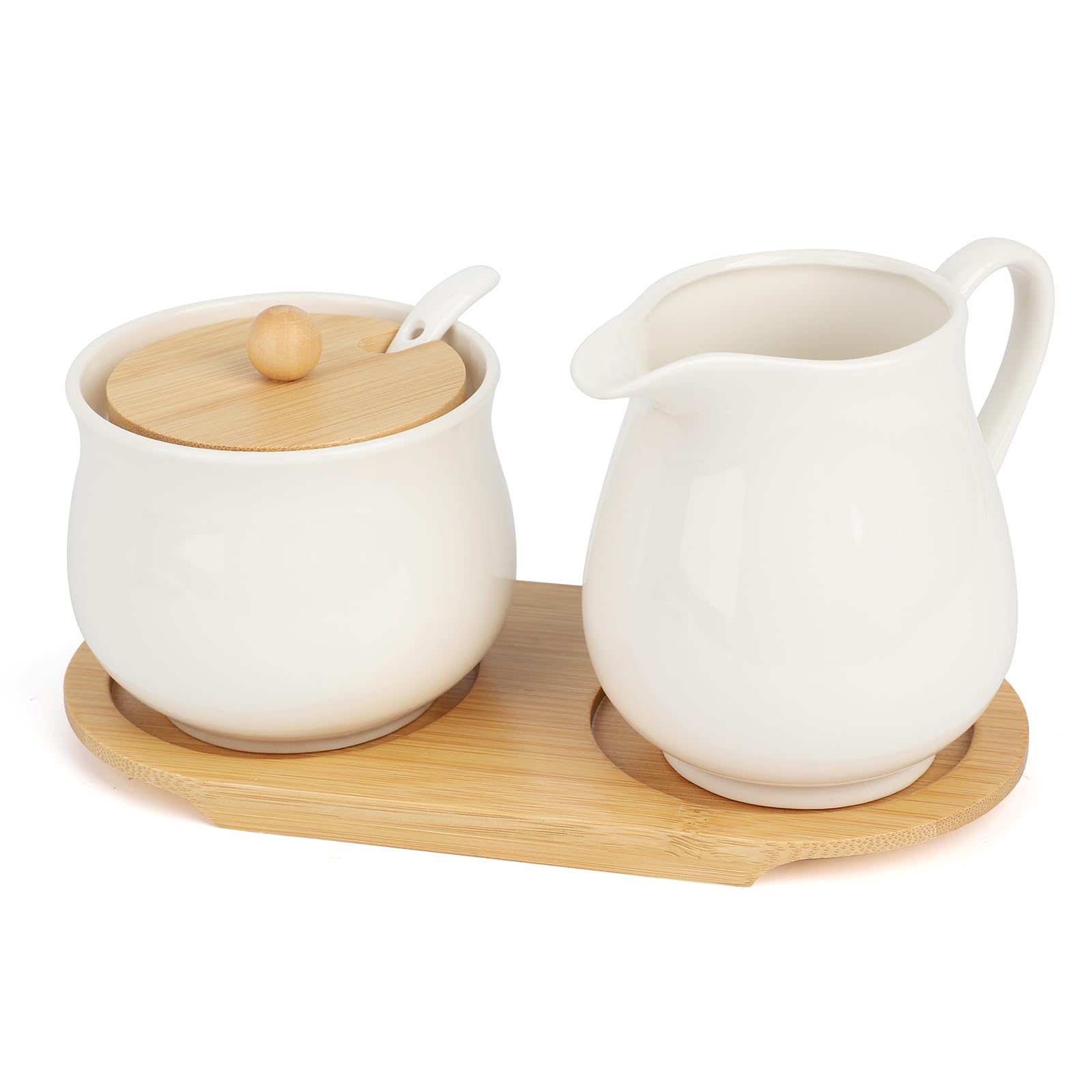 Juego de Leche y Azúcar Blanco, 260ml Jarra Leche de Cerámica y Azucarero con Cuchara y Tapa, Juego de Porcelana para Servir Café y Té con Bandeja de Madera, Apto para Microondas y Lavavajilla