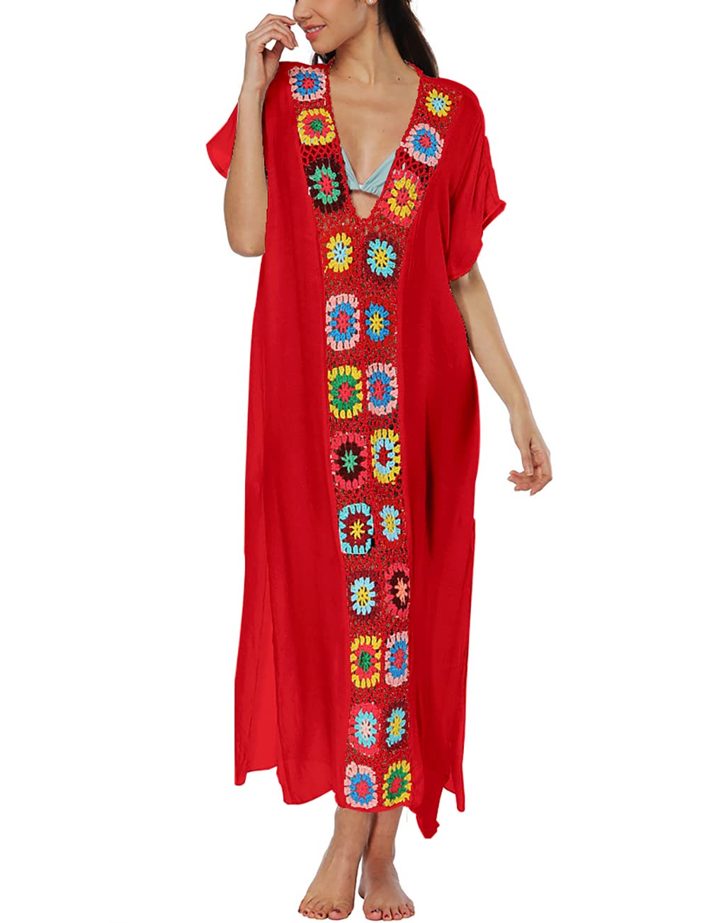BsubseachWomen Mexican Embroidered Kaftan Dresses Deep V Neck Short Sleeve Beach Side Split Cover Up for Women Caftan Dress