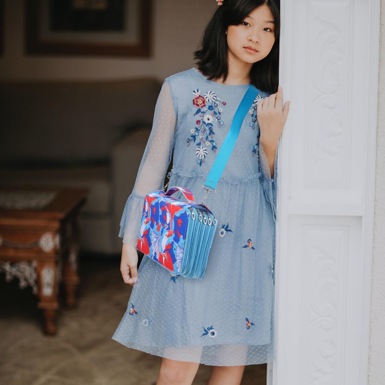 Astuccio Portamatite Grande Capacità Multistrato Blu Maniglia | Tessuto Oxford, Anelli Elastici e Zip, Astuccio Matite Arrotolabile per Scuola e Lavoro, Back To School Party