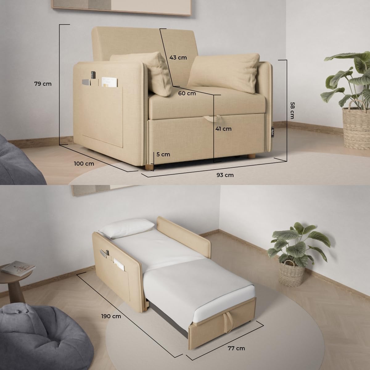 Nalui-Sofá Cama 1 Plaza 3 en 1 Nest 1 93x100x79cm con 3 Posiciones y 2 Almohadas (55x20cm). Sofá Cama Individual, Soporta hasta 200Kg. Sillón Cama Reclinable con Reposabrazos, Beige