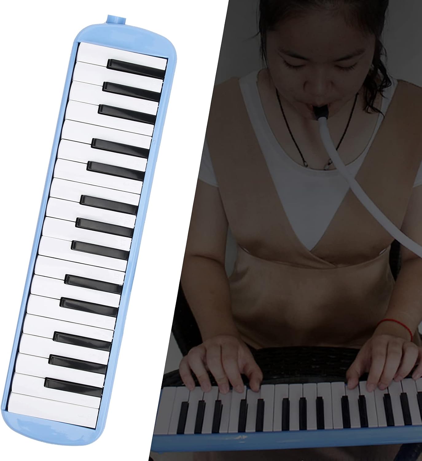 Melodica 32 Key ABS Wind Keyboard Instrument, Melodica for Beginner Music Training Kit, Black and White - Style Keys with Blowpipe and Mouthpiece for Kids and