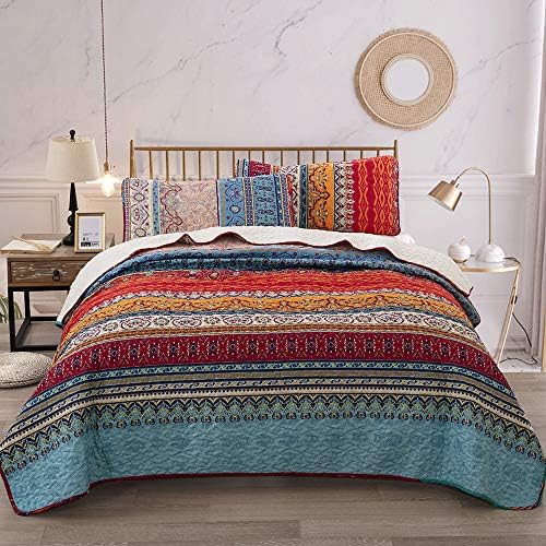 Bohemian Quilt Set Twin, Boho Striped Printed Bedding Quilt Set Coverlet with Pillow Shams, Lightweight Microfiber Bedspread Set for All Seasons (2 Pieces, Twin Size)