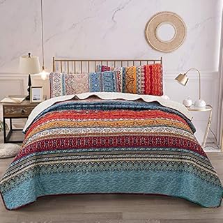 Bohemian Quilt Set King, Boho Striped Pattern Printed Bedding Quilt Coverlet Set, Lightweight