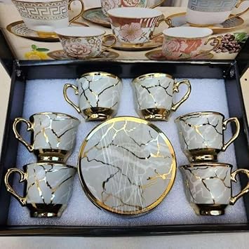 Kit Xícaras e Pires Café Porcelana Premium - Jogo de Luxo para Presente 6 xicaras + 6 pires(Modelo - 9-cinza (85mL))