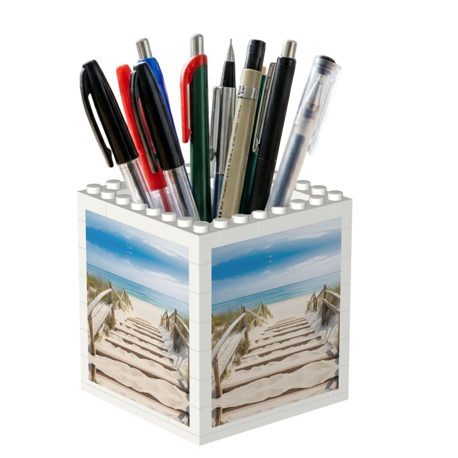 ESNAIUVCD Beach Scenery Print Building Block Pen Holder - Pencil Holder For Desk/Classroom,Desk Accessories, Multifunctional Office Supplies Pen Organizer Pencil Cups(2pcs)