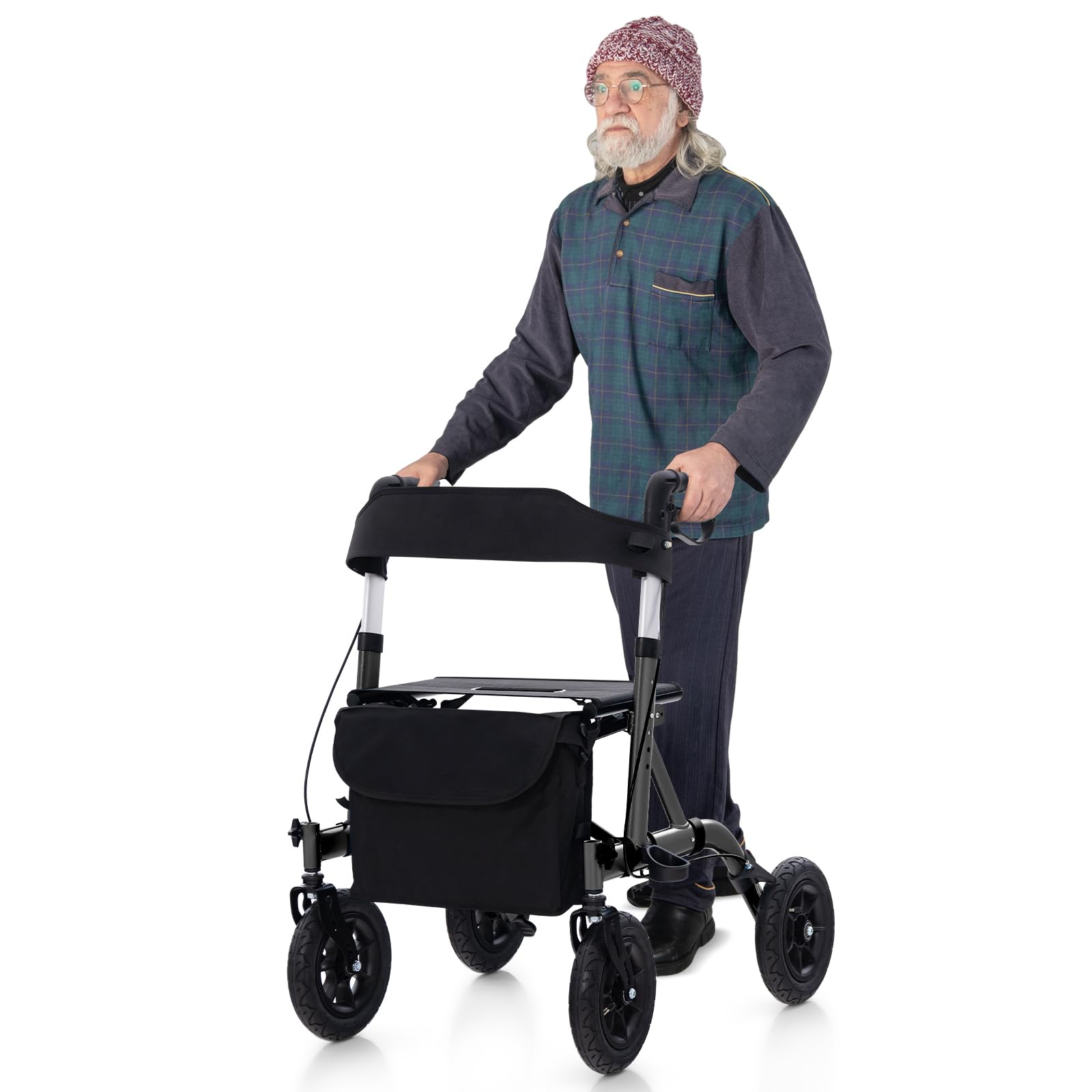 GOPLUS Andador de Altura Ajustable, Andador Plegable con Asiento, Rueda Todo Terreno Neumática de 24 cm, Bolsa de Almacenaje, 160 kg de Capacidad, Andador Ligero para Personas Mayores (Negro)