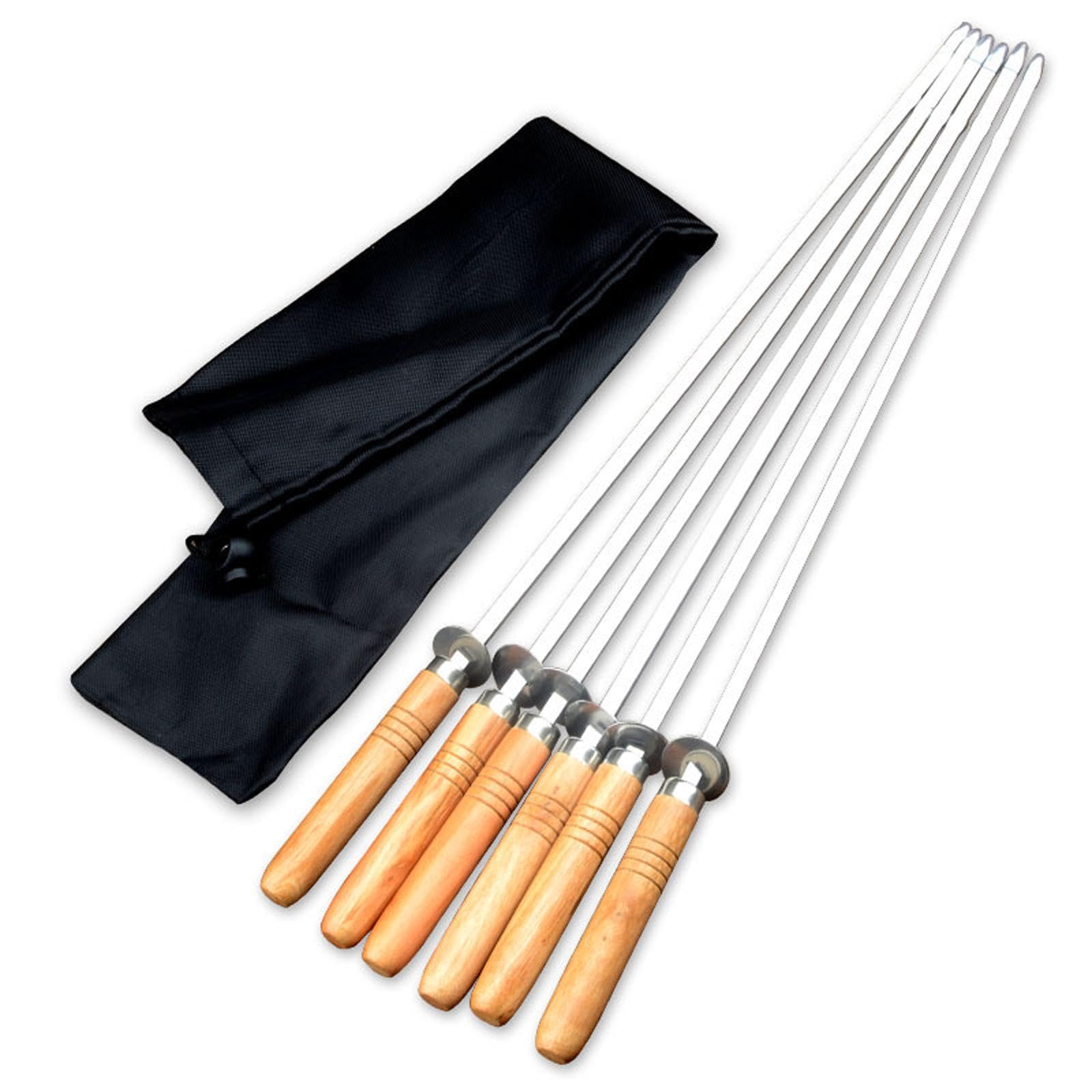 MYCENSE 6x Stainless Steel Flat Skewers Grilling Tools with Rubber Wooden Handle Kebab Sticks Barbecue Skewers for Picnic Grilled