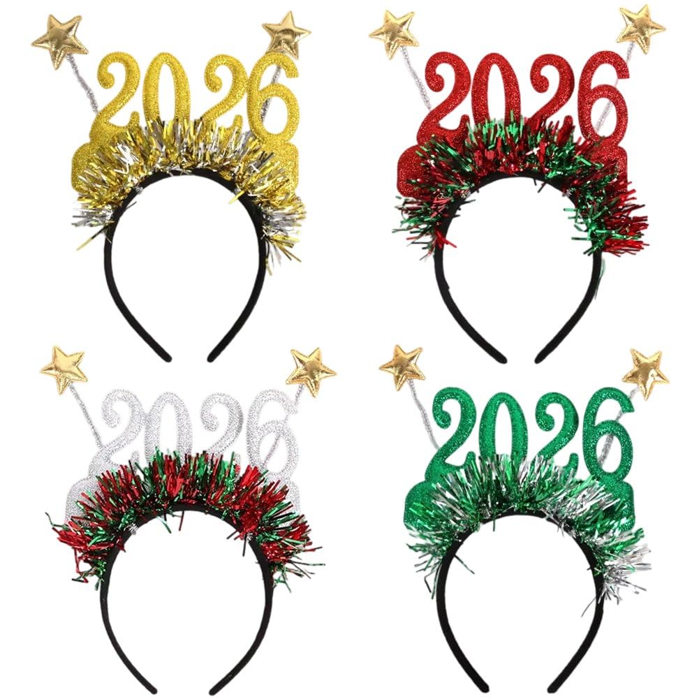 Ppmter Girls Multicolor 4 Pcs 2026 Headband Happy New Year Headband 2026 New Year Eve Hair Hoop Headdress Hair Accessories New Year Party Supplies
