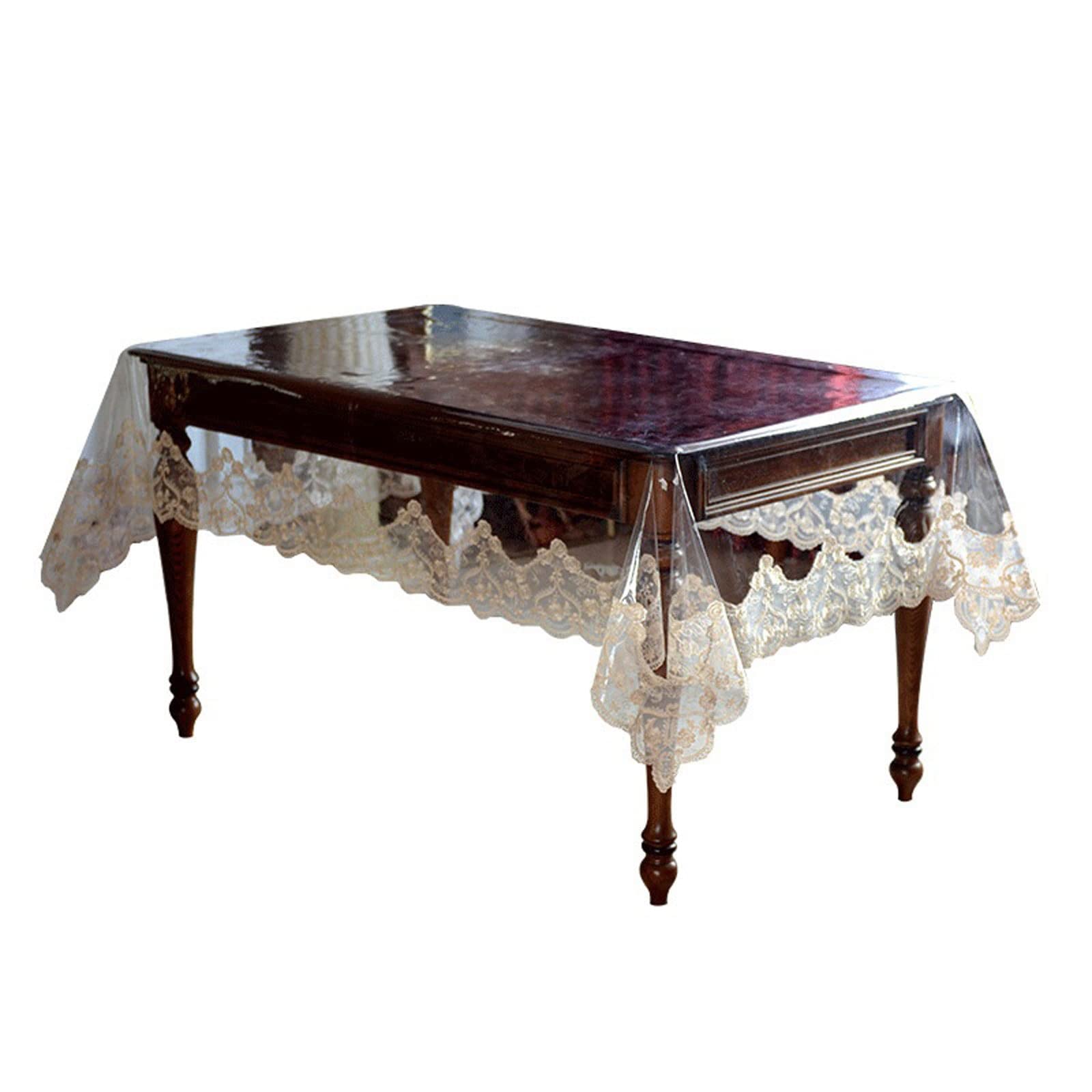 JINGYAN Tablecloths Waterproof Tablecloth Transparent Soft Golden Lace Embroidered Oil-proof Table Cover Coffee Crystal Plate Cloth(150X200cm)