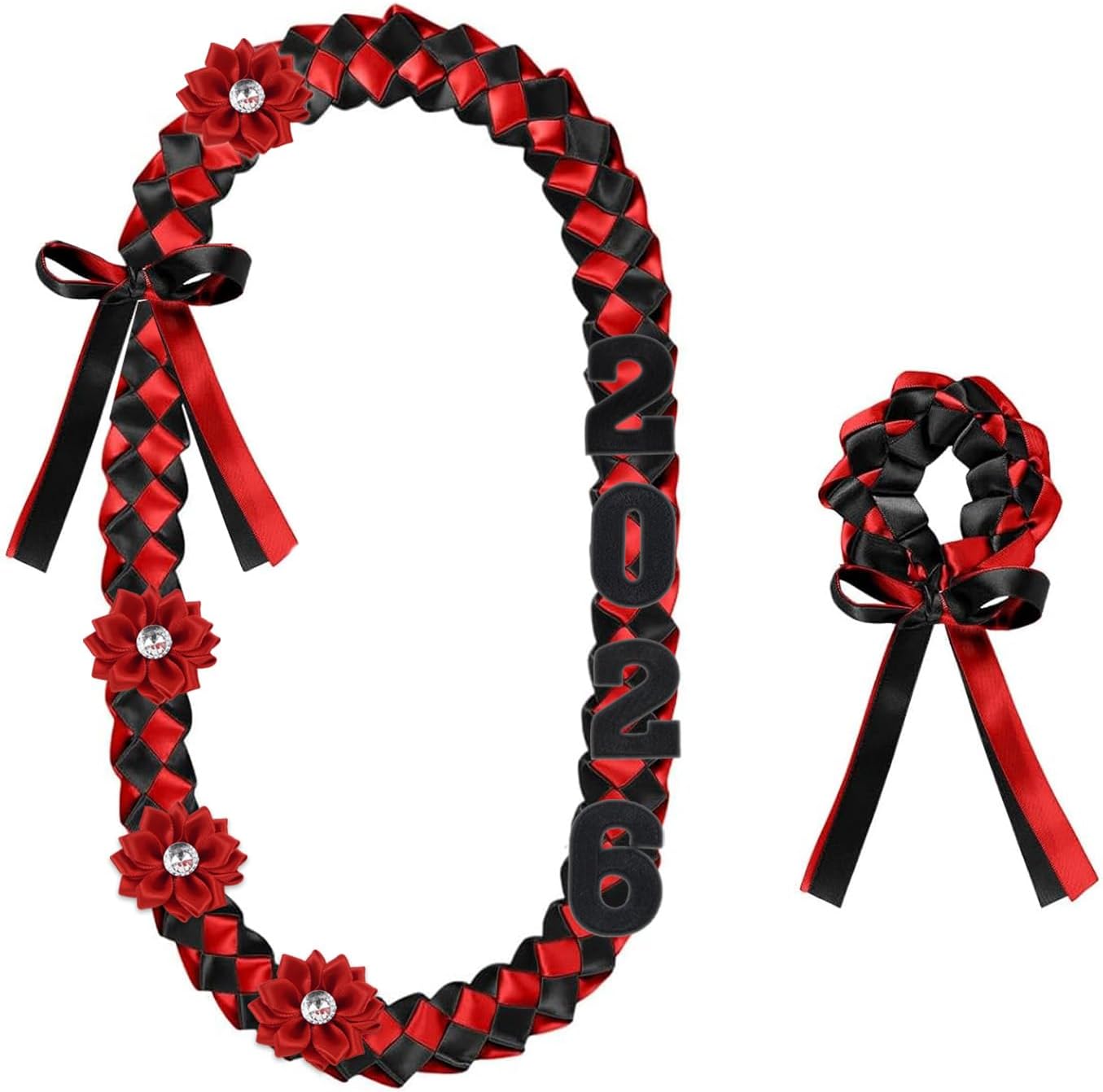 Graduation Leis Class of 2026 Double Braided Handmade Grad Leis Necklace Ribbon with Satin Flower Pin Wristband & Number Stickers Graduation Decoration Gift for Men Women Students