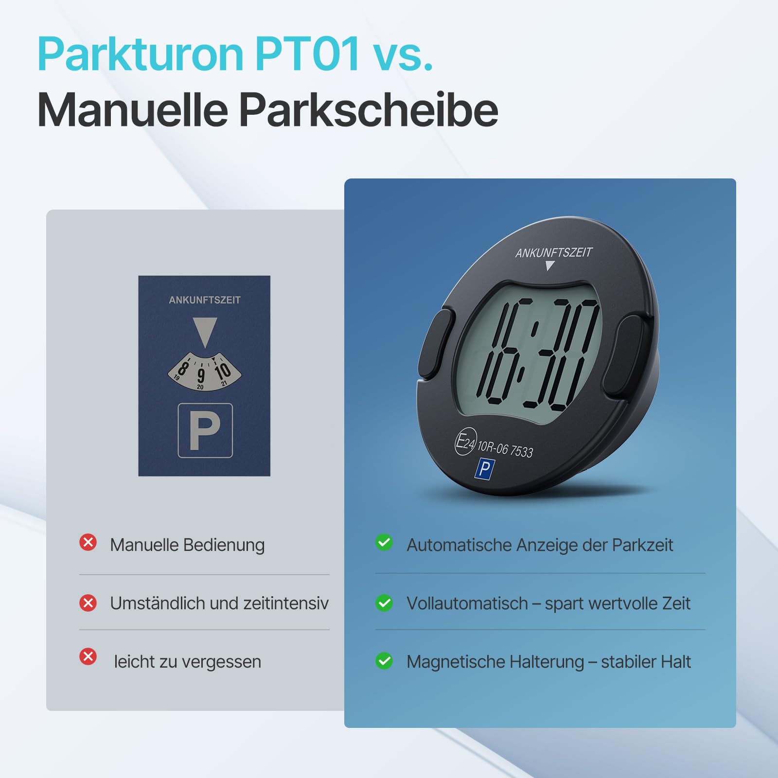 PT01 – Disque de Stationnement Électronique Certifié Zone Bleue pour Voiture, Disque Stationnement Automatique, Horloge Digitale avec Double Écran et Mode Nuit (Noir)