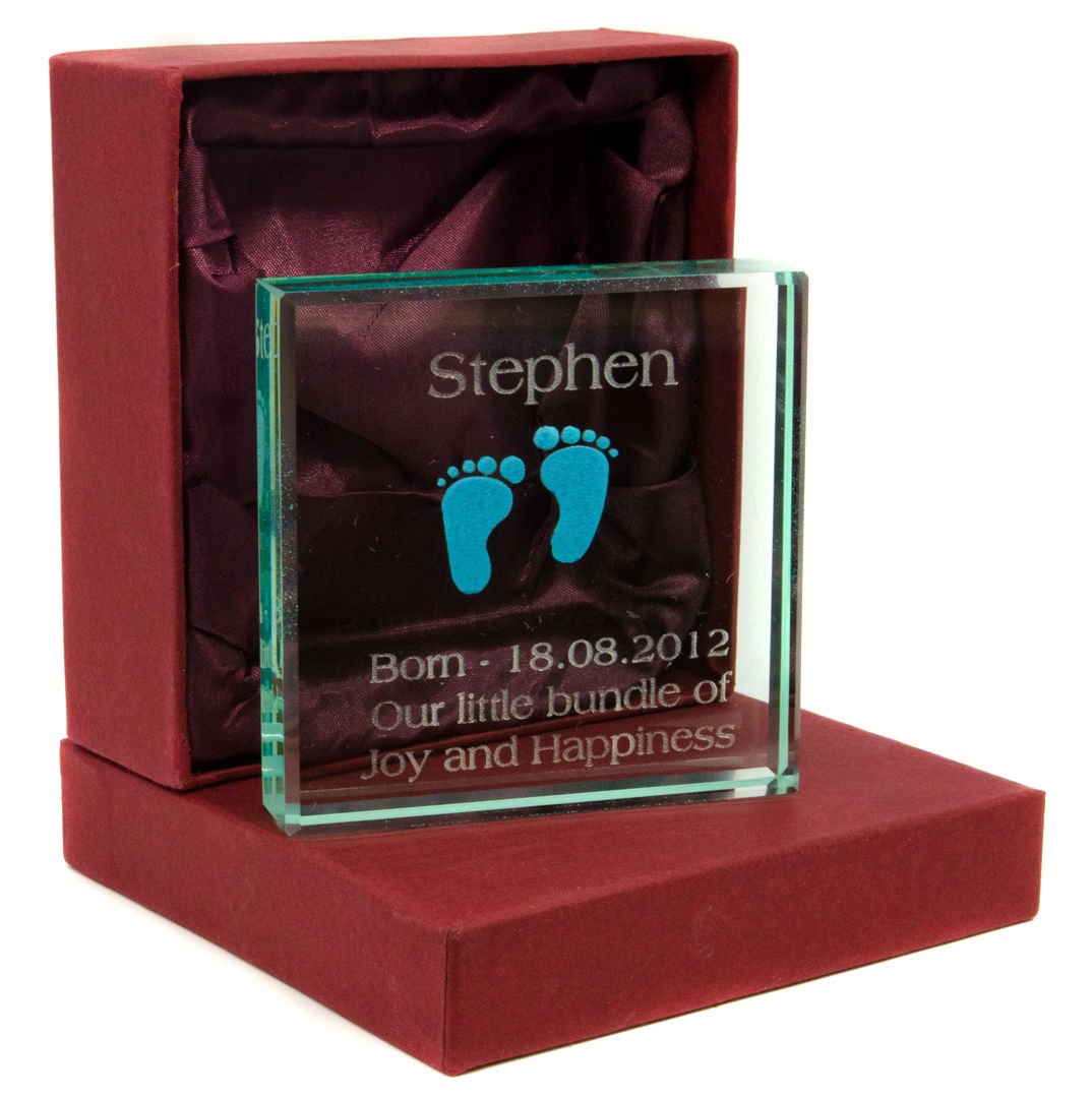 Personalised Jade Glass Block Large (8cm x 8cm) Blue Newborn Baby feet Laser Engraved