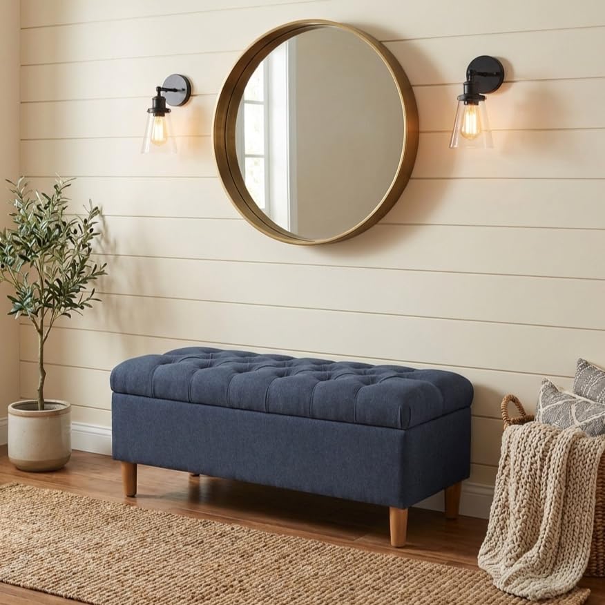 Image of HomePop 40 inch Ainsley Button Tufted Storage Bench - Blue Woven